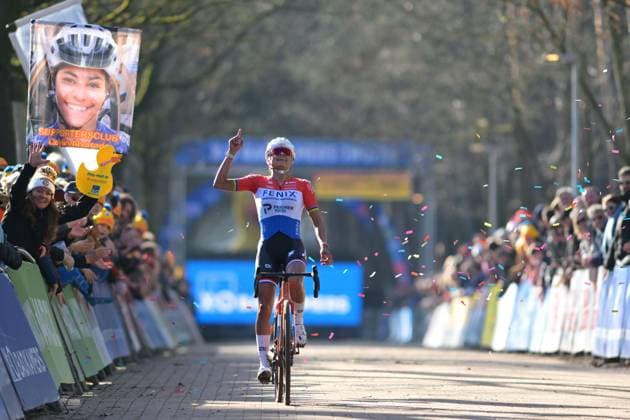 Dutch Ceylin Del Carmen Alvarado celebrates as she crosses the finish line to win the women s Elite race of the Krawatencross cyclocross in Lille, the seventh stage (out of 8) in the X2O Badkamers Trofee competition, on Sunday 08 February 2026. DAVIDxPINTENS  x161951484x