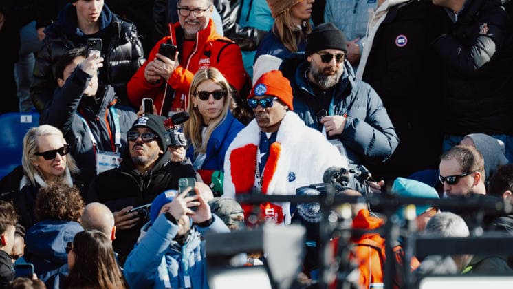 OLYMPICS - Winter Olympic Games, Olympische Spiele, Olympia, OS Milano Cortina 2026 CORTINA D AMPEZZO,ITALY,08.FEB.26 - OLYMPICS, ALPINE SKIING - Winter Olympic Games Milano Cortina 2026,, downhill, women. Image shows Snoop Dogg.  GEPAxpictures xAlexanderxSolc