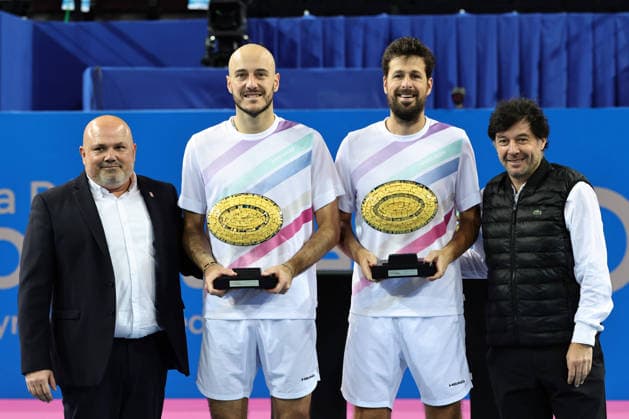 TENNIS : Finale Open Occitanie ATP, Tennis Herren 250 - 08 02 2026 Guest, Constantin FRANTZEN (GER) Robin HAASE (NED), Sebastien GROSJEAN, directeur du tournoi, lors de la finale doubles de l™Open Occitanie ATP 250 a la Sud de France Arena de Montpellier, le 8 fevrier 2026. MontpellierFrance  Copyright: xValentinaxClaretx