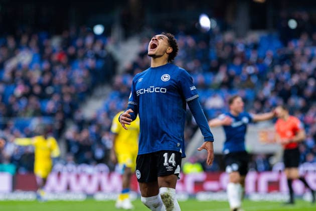 08 02 2026 Soccer, 2025 2026, 2 Bundesliga, 21 Matchday, DSC Arminia Bielefeld Eintracht Braunschweig Monju Momuluh Bielefeld DFL REGULATIONS PROHIBIT ANY USE OF PHOTOGRAPHS AS IMAGE SEQUENCES AND OR QUASI VIDEO