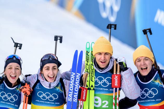 260208 Vanessa Voigt, Franziska Preuss, Philipp Nawrath and Justus Strelow of Germany celebrate after competing in biathlon mixed relay during day 2 of the 2026 Winter Olympics on February 8, 2026 in Anterselva. Photo: Mathias Bergeld BILDBYRAN kod MB MB1316 skidskytte biathlon skiskyting Olympic Games, Olympische Spiele, Olympia, OS olympics winter olympics os ol olympiska spel vinter-os olympiske leker milano cortina 2026 milan cortina 2026 milano cortina 2026 olympic games milano cortina 2026 winter olympic games milano cortina-os milano cortina-ol vinter-ol 2 bbeng mixed relay stafett mixedstafett tyskland jubel *** 260208 Vanessa Voigt, Franziska Preuss, Philipp Nawrath and Justus Strelow of Germany celebrate after competing in biathlon mixed relay during day 2 of the 2026 Winter Olympics on February 8, 2026 in Anterselva Photo Mathias Bergeld BILDBYRAN code MB MB1316 biathlon biathlon biathlon olympic games olympics olympics winter olympics os ol olympic games winter os olympic games milano cortina 2026 milan cortina 2026 milano cortina 2026 olympic games milano cortina 2026 winter olympic games milano cortina os milano cortina ol winter ol 2 bbeng mixed relay relay mixed relay germany cheers  Copyright: MATHIASxBERGELD BB260208MB042