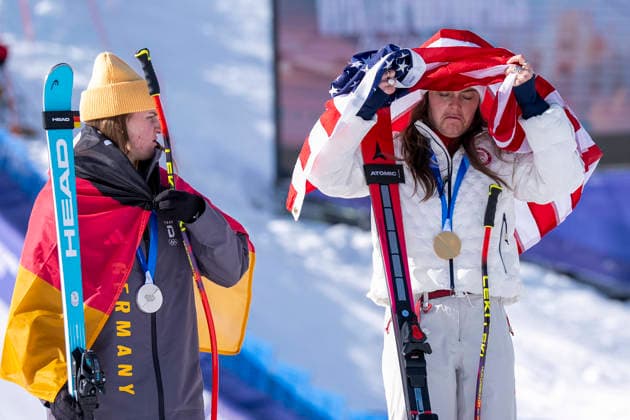 Alpine Skiing - Milano Cortina 2026 Winter Olympics: Day 2 Silver medalist Emma Aicher of Team Germany, Gold medalist Breezy Johnson of Team United States pose for a photo after the Women s Downhill on day two of the Milano Cortina 2026 Winter Olympics at Tofane Alpine Skiing Centre on February 08, 2026 in Cortina d Ampezzo, Italy Predazzo Italy  Copyright: xAndrzejxIwanczukx originalFilename:iwanczuk-alpinesk260208_npKsX.jpg