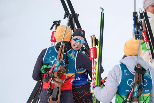 OLYMPICS - Winter Olympic Games, Olympische Spiele, Olympia, OS Milano Cortina 2026 ANTHOLZ,ITALY,08.FEB.26 - OLYMPICS, BIATHLON - Winter Olympic Games Milano Cortina 2026, mixed relay, 4x6km. Image shows the rejoicing of Team GER with Franziska Preuss (GER)  GEPAxpictures xMatthiasxTrinkl