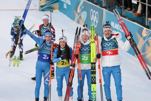 OLYMPICS - Winter Olympic Games, Olympische Spiele, Olympia, OS Milano Cortina 2026 ANTHOLZ,ITALY,08.FEB.26 - OLYMPICS, BIATHLON - Winter Olympic Games Milano Cortina 2026, mixed relay, 4x6km. Image shows the rejoicing of Lisa Vittozzi, Dorothea Wierer, Lukas Hofer and Tommaso Giacomel (ITA)  GEPAxpictures xMatthiasxTrinkl