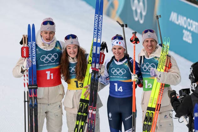 OLYMPICS - Winter Olympic Games, Olympische Spiele, Olympia, OS Milano Cortina 2026 ANTHOLZ,ITALY,08.FEB.26 - OLYMPICS, BIATHLON - Winter Olympic Games Milano Cortina 2026, mixed relay, 4x6km. Image shows the rejoicing of Eric Perrot, Lou Jeanmonnot, Julia Simon and Quentin Fillon Maillet (FRA)  GEPAxpictures xMatthiasxTrinkl