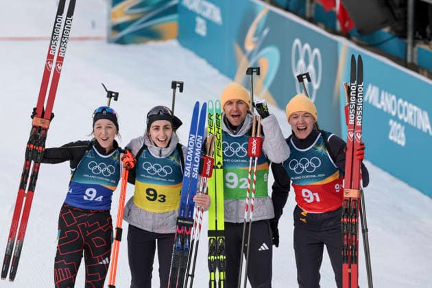 OLYMPICS - Winter Olympic Games, Olympische Spiele, Olympia, OS Milano Cortina 2026 ANTHOLZ,ITALY,08.FEB.26 - OLYMPICS, BIATHLON - Winter Olympic Games Milano Cortina 2026, mixed relay, 4x6km. Image shows the rejoicing of Franziska Preuss, Vanessa Voigt, Philipp Nawrath and Justus Strelow (GER)  GEPAxpictures xMatthiasxTrinkl