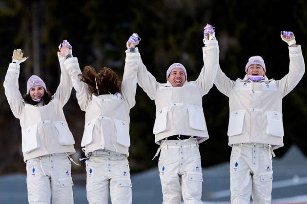 260208 Julia Simon, Lou Jeanmonnot, Eric Perrot and Quentin Fillon Maillet of France celebrate on the podium after competing in biathlon mixed relay during day 2 of the 2026 Winter Olympics on February 8, 2026 in Anterselva. Photo: Mathias Bergeld BILDBYRAN kod MB MB1316 skidskytte biathlon skiskyting Olympic Games, Olympische Spiele, Olympia, OS olympics winter olympics os ol olympiska spel vinter-os olympiske leker milano cortina 2026 milan cortina 2026 milano cortina 2026 olympic games milano cortina 2026 winter olympic games milano cortina-os milano cortina-ol vinter-ol 2 bbeng mixed relay stafett mixedstafett frankrike jubel *** 260208 Julia Simon, Lou Jeanmonnot, Eric Perrot and Quentin Fillon Maillet of France celebrate on the podium after competing in biathlon mixed relay during day 2 of the 2026 Winter Olympics on February 8, 2026 in Anterselva Photo Mathias Bergeld BILDBYRAN code MB MB1316 biathlon biathlon biathlon olympic games olympics olympics winter olympics os ol olympic games winter os olympic games milano cortina 2026 milan cortina 2026 milano cortina 2026 olympic games milano cortina 2026 winter olympic games milano cortina os milano cortina ol winter ol 2 bbeng mixed relay relay mixed relay france cheering  Copyright: MATHIASxBERGELD BB260208MB059
