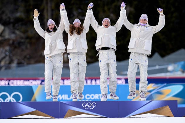 260208 Julia Simon, Lou Jeanmonnot, Eric Perrot and Quentin Fillon Maillet of France celebrate on the podium after competing in biathlon mixed relay during day 2 of the 2026 Winter Olympics on February 8, 2026 in Anterselva. Photo: Mathias Bergeld BILDBYRAN kod MB MB1316 skidskytte biathlon skiskyting Olympic Games, Olympische Spiele, Olympia, OS olympics winter olympics os ol olympiska spel vinter-os olympiske leker milano cortina 2026 milan cortina 2026 milano cortina 2026 olympic games milano cortina 2026 winter olympic games milano cortina-os milano cortina-ol vinter-ol 2 bbeng mixed relay stafett mixedstafett frankrike jubel *** 260208 Julia Simon, Lou Jeanmonnot, Eric Perrot and Quentin Fillon Maillet of France celebrate on the podium after competing in biathlon mixed relay during day 2 of the 2026 Winter Olympics on February 8, 2026 in Anterselva Photo Mathias Bergeld BILDBYRAN code MB MB1316 biathlon biathlon biathlon olympic games olympics olympics winter olympics os ol olympic games winter os olympic games milano cortina 2026 milan cortina 2026 milano cortina 2026 olympic games milano cortina 2026 winter olympic games milano cortina os milano cortina ol winter ol 2 bbeng mixed relay relay mixed relay france cheering  Copyright: MATHIASxBERGELD BB260208MB060