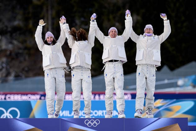 260208 Julia Simon, Lou Jeanmonnot, Eric Perrot and Quentin Fillon Maillet of France celebrate on the podium after competing in biathlon mixed relay during day 2 of the 2026 Winter Olympics on February 8, 2026 in Anterselva. Photo: Mathias Bergeld BILDBYRAN kod MB MB1316 skidskytte biathlon skiskyting Olympic Games, Olympische Spiele, Olympia, OS olympics winter olympics os ol olympiska spel vinter-os olympiske leker milano cortina 2026 milan cortina 2026 milano cortina 2026 olympic games milano cortina 2026 winter olympic games milano cortina-os milano cortina-ol vinter-ol 2 bbeng mixed relay stafett mixedstafett frankrike jubel *** 260208 Julia Simon, Lou Jeanmonnot, Eric Perrot and Quentin Fillon Maillet of France celebrate on the podium after competing in biathlon mixed relay during day 2 of the 2026 Winter Olympics on February 8, 2026 in Anterselva Photo Mathias Bergeld BILDBYRAN code MB MB1316 biathlon biathlon biathlon olympic games olympics olympics winter olympics os ol olympic games winter os olympic games milano cortina 2026 milan cortina 2026 milano cortina 2026 olympic games milano cortina 2026 winter olympic games milano cortina os milano cortina ol winter ol 2 bbeng mixed relay relay mixed relay france cheering  Copyright: MATHIASxBERGELD BB260208MB061