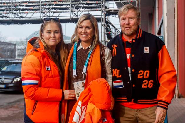 Princess Amalia of the Netherlands and Queen Maxima of the Netherlands and King Willem-Alexander of the Netherlands arrives at the Milano Speed skating, Eisschnelllauf Stadium Around the Games, Milano Cortina 2026 Winter Olympics: Day 2, Speed Skating - Milano Cortina 2026 Winter Olympics: Day 2, Milano Speed Skating Stadium, February 8, 2026, Milan, Italy.