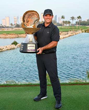 Qatar Masters 2026 - Day Four Patrick Reed of the United States celebrates with the trophy following victory on day four of the Qatar Masters 2026 golf tournament at the Doha Golf Club in Doha, Qatar, on February 8, 2026. Doha Qatar Copyright: xNOUSHADx 776441069
