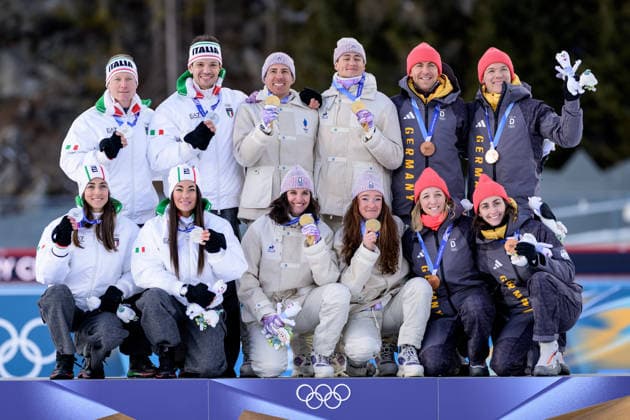 260208 Lisa Vittozzi, Dorothea Wierer, Tommaso Giacomel and Lukas Hofer of Italy, Julia Simon, Lou Jeanmonnot, Eric Perrot and Quentin Fillon Maillet of France and Vanessa Voigt, Franziska Preuss, Philipp Nawrath and Justus Strelow of Germany celebrate on the podium after competing in biathlon mixed relay during day 2 of the 2026 Winter Olympics on February 8, 2026 in Anterselva. Photo: Mathias Bergeld BILDBYRAN kod MB MB1316 skidskytte biathlon skiskyting Olympic Games, Olympische Spiele, Olympia, OS olympics winter olympics os ol olympiska spel vinter-os olympiske leker milano cortina 2026 milan cortina 2026 milano cortina 2026 olympic games milano cortina 2026 winter olympic games milano cortina-os milano cortina-ol vinter-ol 2 bbeng mixed relay stafett mixedstafett italien jubel frankrike tyskland *** 260208 Lisa Vittozzi, Dorothea Wierer, Tommaso Giacomel and Lukas Hofer of Italy, Julia Simon, Lou Jeanmonnot, Eric Perrot and Quentin Fillon Maillet of France and Vanessa Voigt, Franziska Preuss, Philipp Nawrath and Justus Strelow of Germany celebrate on the podium after competing in biathlon mixed relay during day 2 of the 2026 Winter Olympics on February 8, 2026 in Anterselva Photo Mathias Bergeld BILDBYRAN code MB MB1316 biathlon biathlon biathlon olympic games olympics olympics winter olympics os ol olympic games winter os olympic games milano cortina 2026 milan cortina 2026 milano cortina 2026 olympic games milano cortina 2026 winter olympic games milano cortina os milano cortina ol winter ol 2 bbeng mixed relay relay mixed relay italy cheers france germany  Copyright: MATHIASxBERGELD BB260208MB063