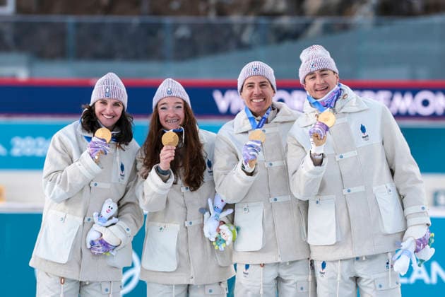 OLYMPICS - Winter Olympic Games, Olympische Spiele, Olympia, OS Milano Cortina 2026 ANTHOLZ,ITALY,08.FEB.26 - OLYMPICS, BIATHLON - Winter Olympic Games Milano Cortina 2026, mixed relay, 4x6km. Image shows the rejoicing of Team FRA with Julia Simon, Lou Jeanmonnot, Quentin Fillon Maillet and Eric Perrot (FRA). keywords: medal, award ceremony  GEPAxpictures xMatthiasxTrinkl