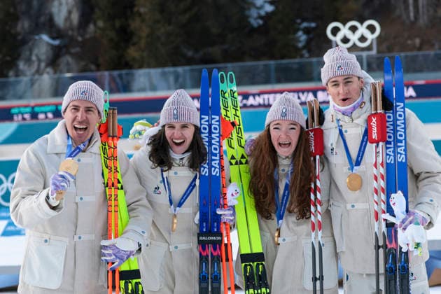 OLYMPICS - Winter Olympic Games, Olympische Spiele, Olympia, OS Milano Cortina 2026 ANTHOLZ,ITALY,08.FEB.26 - OLYMPICS, BIATHLON - Winter Olympic Games Milano Cortina 2026, mixed relay, 4x6km. Image shows the rejoicing of Eric Perrot, Julia Simon, Lou Jeanmonnot and Quentin Fillon Maillet (FRA)  GEPAxpictures xMatthiasxTrinkl