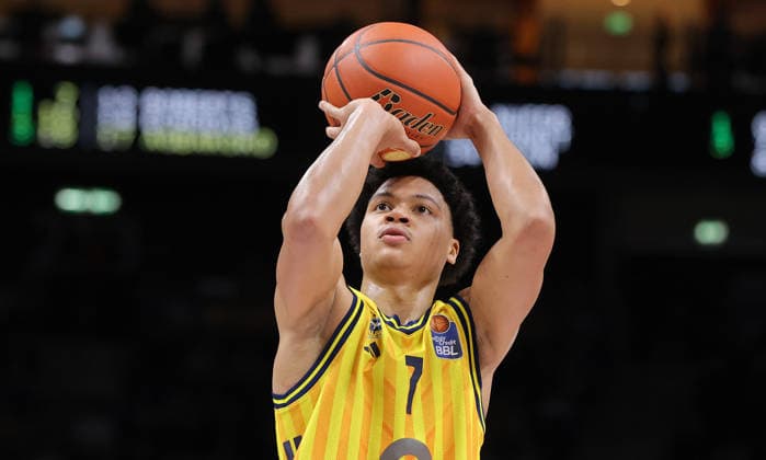 Jack Kayil on the ball during free throw action upper body Sport Basketball BBL Bundesliga Men 19 Matchday Season 2025 2026 08 02 2026 ALBA Berlin vs SC Rasta Vechta