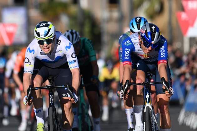 Tour of Valencia 2026 Stage 5 VALENCIA, SPAIN - FEBRUARY 08 : Garcia Pierna Raul (ESP) of Movistar Team wins, second place for Herzog Emil (GER) of Red Bull BORA Hansgrohe, third place for Schoofs Jasper (BEL) of Soudal Quick-Step during stage 5 of the 77th edition of Volta a la Comunitat Valenciana an UCI ProSeries 2.Pro cycling road race stage for Men Elite of 93.8 km with start in Betera and finish in Valencia on February 8, 2026 in Valencia, Spain, 08 02 2026 Valencia Spain  Copyright: xVincentxKalutx