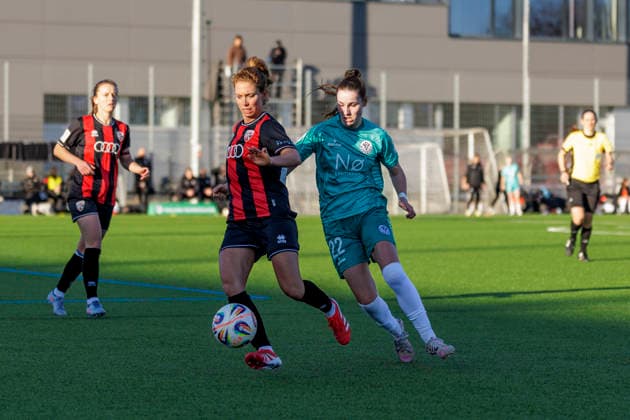 Ingolstadt, Germany 08 February 2026 2 BL Women 2025 2026 FC Ingolstadt 04 vs VfR Warbeyen In the picture from left in the duel Leonie Haberäcker Haberaecker FCI and Marit Cleven VFR Audi Sportpark Bayern Copyright: xFotostandx xSchäferx