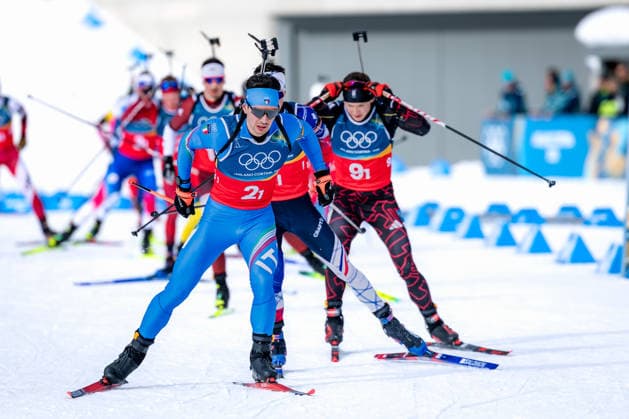 OLYMPICS - Winter Olympic Games, Olympische Spiele, Olympia, OS Milano Cortina 2026 ANTHOLZ,ITALY,08.FEB.26 - OLYMPICS, BIATHLON - Winter Olympic Games Milano Cortina 2026, mixed relay, 4x6km. Image shows Tommaso Giacomel (ITA), Eric Perrot (FRA) and Justus Strelow (GER).  GEPAxpictures xMatthiasxTrinkl
