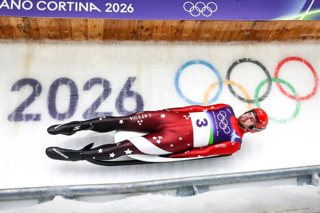ITALY - FEBRUARY 8, 2026: Kristers Aparjods of Latvia competes in Run 3 in men s singles luge event at Cortina Sliding Centre in Cortina dâ€™Ampezzo during the 2026 Winter Olympic Games, Olympische Spiele, Olympia, OS Peter Kovalev TASS  88393137