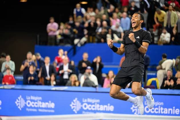 February 8, 2026, Perols, Montpellier, Occitanie, France: Felix Auger-Aliassime of Canada celebrates his victory after his match against Adrian Mannarino of France at Open Occitanie on February 8, 2026, at Sud de France Arena in Montpellier, France. Tennis 2026: Open Occitanie  - ZUMAc313 20260208_zsp_c313_003 Copyright: xFaresxChafaix