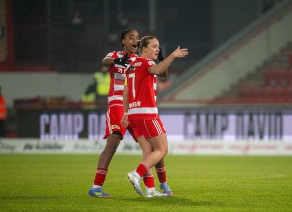 Soccer, Women, Season 2025 2026, Google Pixel Women Bundesliga 17 Matchday , 1 FC Union Berlin FC Carl Zeiss Jena, f l Naika Reissner 1 Women 1 FC Union , Lisa Heiseler 1 Women 1 FC Union , Cheering after goal to 1 1, 08 02 2026, Copyright: xMatthiasxKochx