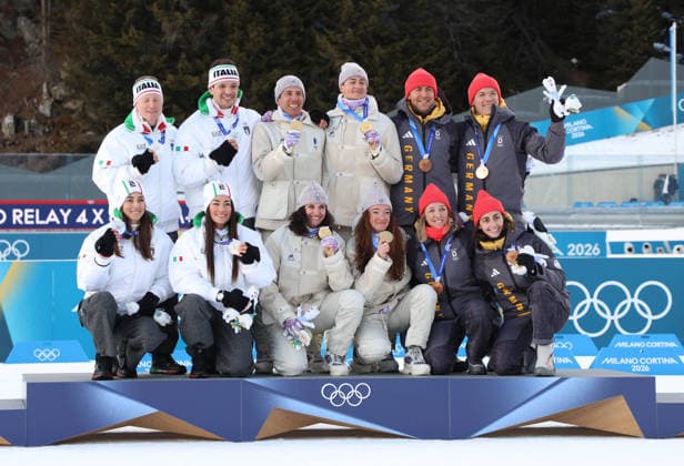 Milan Cortina 2026 Olympics, Biathlon Mixed Relay 4 x 6 km, team Italy, silver medalists, from left, Team France, gold medalists, and Team Germany, bronze medalists, Anterselva, Italy, February 8, 2026. Photo Felice Calabro  Copyright: xFelicexCalabro x xipa-agency.netx xFELICExCALABRO x IPA_Agency_IPA71136526