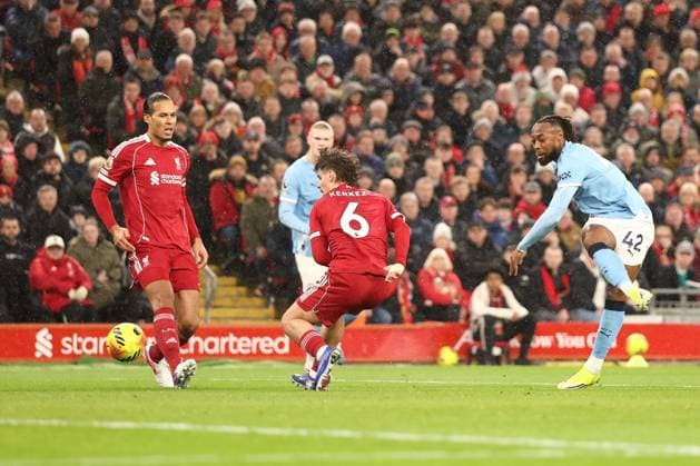 Antoine Semenyo of Manchester City shoots Liverpool v Manchester City, Premier League, Football, Anfield, Liverpool, UK - 08 Feb 2026Liverpool Anfield United Kingdom EDITORIAL USE ONLY No use with unauthorised audio, video, data, fixture lists, club league logos or live services. Online in-match use limited to 120 images, no video emulation. No use in betting, games or single club league player publications. Copyright: xRyanxBrowne Shutterstockx 16524446ai