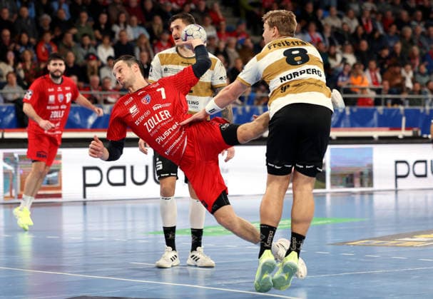 08 02 2026, Germany, Bietigheim Handball SG BBM Bietigheim vs HC Elbflorenz 2006, f l Dominik Claus BBM , Viktor Petersen Norberg Elbflorenz