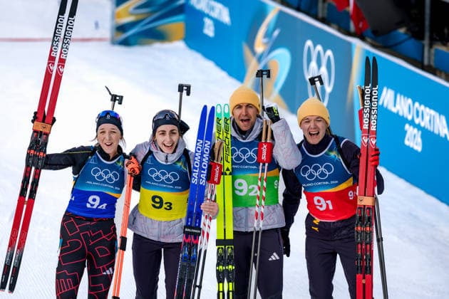 OLYMPICS - Winter Olympic Games, Olympische Spiele, Olympia, OS Milano Cortina 2026 ANTHOLZ,ITALY,08.FEB.26 - OLYMPICS, BIATHLON - Winter Olympic Games Milano Cortina 2026, mixed relay, 4x6km. Image shows Franziska Preuss, Vanessa Voigt, Philipp Nawrath and Justus Strelow (GER).  GEPAxpictures xMatthiasxTrinkl