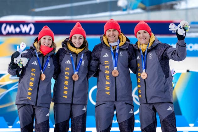 OLYMPICS - Winter Olympic Games, Olympische Spiele, Olympia, OS Milano Cortina 2026 ANTHOLZ,ITALY,08.FEB.26 - OLYMPICS, BIATHLON - Winter Olympic Games Milano Cortina 2026, mixed relay, 4x6km. Image shows Franziska Preuss, Vanessa Voigt, Philipp Nawrath and Justus Strelow (GER). Keywords: medal.  GEPAxpictures xMatthiasxTrinkl