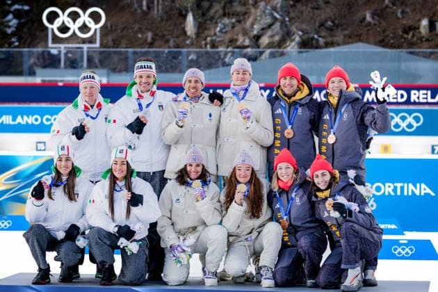 OLYMPICS - Winter Olympic Games, Olympische Spiele, Olympia, OS Milano Cortina 2026 ANTHOLZ,ITALY,08.FEB.26 - OLYMPICS, BIATHLON - Winter Olympic Games Milano Cortina 2026, mixed relay, 4x6km. Image shows Lisa Vittozzi, Dorothea Wierer, Lukas Hofer and Tommaso Giacomel (ITA), Eric Perrot, Lou Jeanmonnot, Julia Simon and Quentin Fillon Maillet (FRA) and Franziska Preuss, Vanessa Voigt, Philipp Nawrath and Justus Strelow (GER). Keywords: medal.  GEPAxpictures xMatthiasxTrinkl