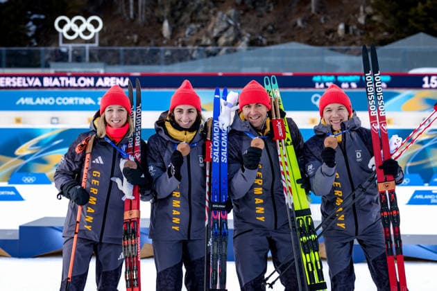 OLYMPICS - Winter Olympic Games, Olympische Spiele, Olympia, OS Milano Cortina 2026 ANTHOLZ,ITALY,08.FEB.26 - OLYMPICS, BIATHLON - Winter Olympic Games Milano Cortina 2026, mixed relay, 4x6km. Image shows Franziska Preuss, Vanessa Voigt, Philipp Nawrath and Justus Strelow (GER). Keywords: medal.  GEPAxpictures xMatthiasxTrinkl