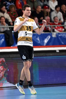 08 02 2026, Germany, Bietigheim Handball SG BBM Bietigheim vs HC Elbflorenz 2006, Jannik Dutschke Elbflorenz cheers and clenches his fists