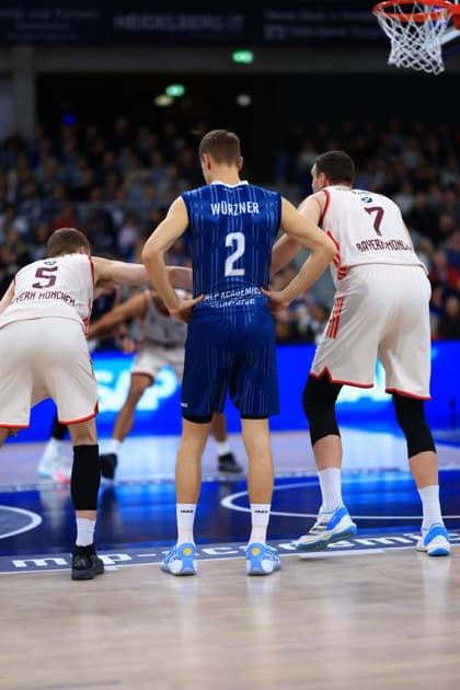 Scene with Niklas Würzner 2 MLP Academics Heidelberg and Johannes Voigtmann 7 FC Bayern Basketball in a duel under the basket easyCredit BBL MLP Academics Heidelberg - FC Bayern Munich Basketball 08 02 2026 Copyright: xMichaelxGelhardtx