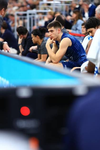 Scene with Dusan Neskovic 7 MLP Academics Heidelberg and Erol Ersek 11 MLP Academics Heidelberg on the bench during a break in play easyCredit BBL MLP Academics Heidelberg - FC Bayern München Basketball 08 02 2026 Copyright: xMichaelxGelhardtx