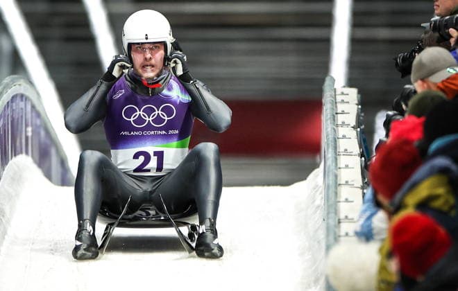 ITALY - FEBRUARY 8, 2026: AIN athlete Pavel Repilov from Russia competes in Run 3 of the men s singles luge event at Cortina Sliding Centre in Cortina dâ€™Ampezzo during the 2026 Winter Olympic Games, Olympische Spiele, Olympia, OS Peter Kovalev TASS  88398103