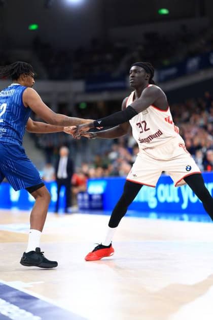 Scene with Wenyen Gabriel 32 FC Bayern Basketball and Dominic Vengert 8 MLP Academics Heidelberg in an intense duel easyCredit BBL MLP Academics Heidelberg - FC Bayern Munich Basketball 08 02 2026 Copyright: xMichaelxGelhardtx