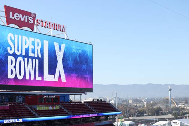 SANTA CLARA, CA - FEBRUARY 08: A general view of the scoreboard inside Levi s Stadium prior to the start of the Seattle Seahawks versus the New England Patriots Super Bowl LX game on February 8, 2026, at Levi s Stadium in Santa Clara, CA. (Photo by Matthew Huang Icon Sportswire) NFL, American Football Herren, USA FEB 08 Super Bowl LX Seahawks vs Patriots Pregame EDITORIAL USE ONLY Icon2602080024