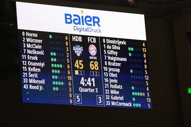 Scoreboard with points and player statistics of FC Bayern Basketball and MLP Academics Heidelberg in the SNP Dome easyCredit BBL MLP Academics Heidelberg - FC Bayern Munich Basketball 08 02 2026 Copyright: xMichaelxGelhardtx