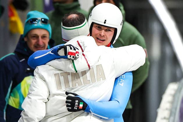 ITALY - FEBRUARY 8, 2026: Dominik Fischnaller of Italy celebrates winning bronze in Run 4 of the men s singles luge event at Cortina Sliding Centre in Cortina dâ€™Ampezzo during the 2026 Winter Olympic Games, Olympische Spiele, Olympia, OS Peter Kovalev TASS  88399338