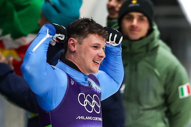 ITALY - FEBRUARY 8, 2026: Dominik Fischnaller of Italy celebrates winning bronze in Run 4 of the men s singles luge event at Cortina Sliding Centre in Cortina dâ€™Ampezzo during the 2026 Winter Olympic Games, Olympische Spiele, Olympia, OS Peter Kovalev TASS  88399340