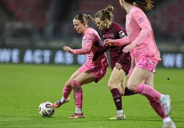 08 02 2026 Soccer Season 2025 2026 1 Women Soccer Bundesliga 17 Matchday 1 FC Nürnberg FCN Club TSG 1899 Hoffenheim Sportfoto Zink DaMa xdaxmax Laura Gloning 20, TSG Hoffenheim Nastassja Lein 24, 1 FC Nürnberg FCN