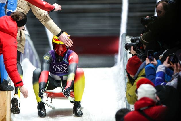 ITALY, CORTINA Dâ€™AMPEZZO - FEBRUARY 8, 2026: Max Langenhan of Germany celebrates winning gold in the men s singles luge event at Cortina Sliding Centre during the 2026 Winter Olympic Games, Olympische Spiele, Olympia, OS Peter Kovalev TASS  88399891