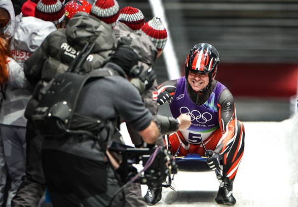 ITALY, CORTINA Dâ€™AMPEZZO - FEBRUARY 8, 2026: Jonas Mueller of Austria celebrates winning silver in the men s singles luge event at Cortina Sliding Centre during the 2026 Winter Olympic Games, Olympische Spiele, Olympia, OS Peter Kovalev TASS  88400256