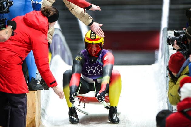 ITALY - FEBRUARY 8, 2026: Max Langenhan of Germany celebrates winning gold in the men s singles luge event at Cortina Sliding Centre in Cortina d™Ampezzo during the 2026 Winter Olympic Games, Olympische Spiele, Olympia, OS 2026 Winter Olympics: Luge, Men S Singles  - ZUMAt113 20260208_zaa_t113_218 Copyright: xPeterxKovalevx