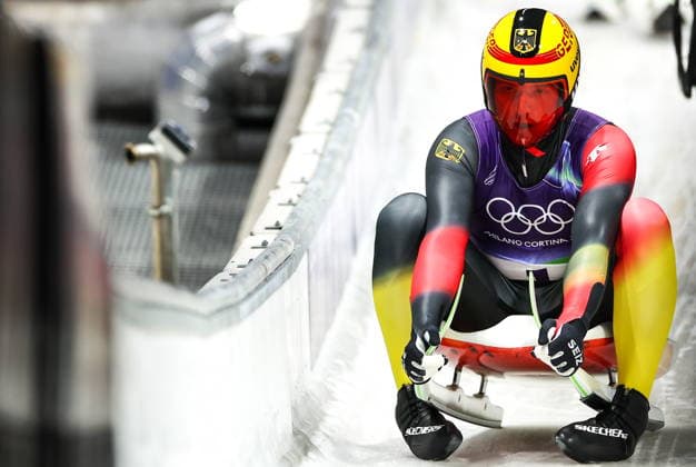 ITALY - FEBRUARY 8, 2026: Max Langenhan of Germany celebrates winning gold in the men s singles luge event at Cortina Sliding Centre in Cortina d™Ampezzo during the 2026 Winter Olympic Games, Olympische Spiele, Olympia, OS 2026 Winter Olympics: Luge, Men S Singles  - ZUMAt113 20260208_zaa_t113_220 Copyright: xPeterxKovalevx