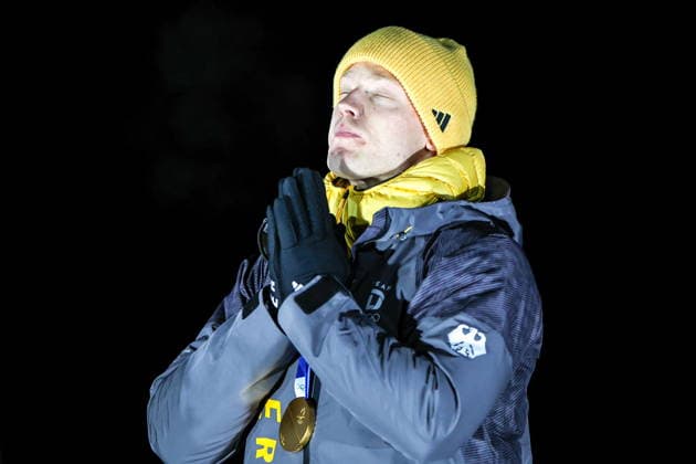 ITALY, CORTINA Dâ€™AMPEZZO - FEBRUARY 8, 2026: Gold medalist Max Langenhan of Germany poses at an award ceremony for the men s singles luge event at Cortina Sliding Centre during the 2026 Winter Olympic Games, Olympische Spiele, Olympia, OS Peter Kovalev TASS  88400696