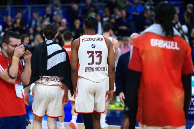 Scene with David McCormack 33 FC Bayern Basketball and Wenyen Gabriel 32 FC Bayern Basketball on the pitch in white jerseys easyCredit BBL MLP Academics Heidelberg - FC Bayern Munich Basketball 08 02 2026 Copyright: xMichaelxGelhardtx