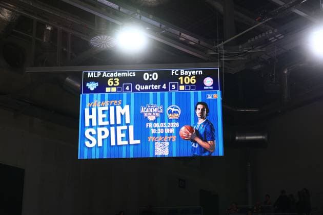 Game action with Erol Ersek 11 MLP Academics Heidelberg in front of the scoreboard in the SNP Dome easyCredit BBL MLP Academics Heidelberg - FC Bayern Munich Basketball 08 02 2026 Copyright: xMichaelxGelhardtx
