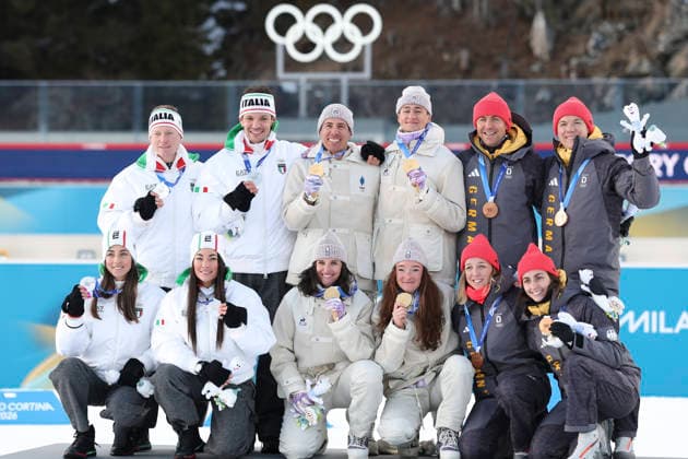 (260208) -- ANTERSELVA, Feb. 8, 2026 -- Gold medalists Julia Simon, Lou Jeanmonnot, Quentin Fillon Maillet, and Eric Perrot of France, silver medalists Lisa Vittozzi, Dorothea Wierer, Lukas Hofer and Tommaso Giacomel of Italy, and bronze medalists Franziska Preuss, Vanessa Voigt, Philipp Nawrath and Justus Strelow of Germany pose for a group photo during the awarding ceremony of the biathlon mixed relay 4 x 6km (M+W) at the Milan-Cortina 2026 Olympic Winter games, Winterspiele,Spiele, Summer games in Anterselva, Italy, Feb. 8, 2026. ) (MICO2026)ITALY-ANTERSELVA-OLYMPIC WINTER GAMES-BIATHLON-MIXED RELAY 4x6KM(M+W) ZhangxTao 